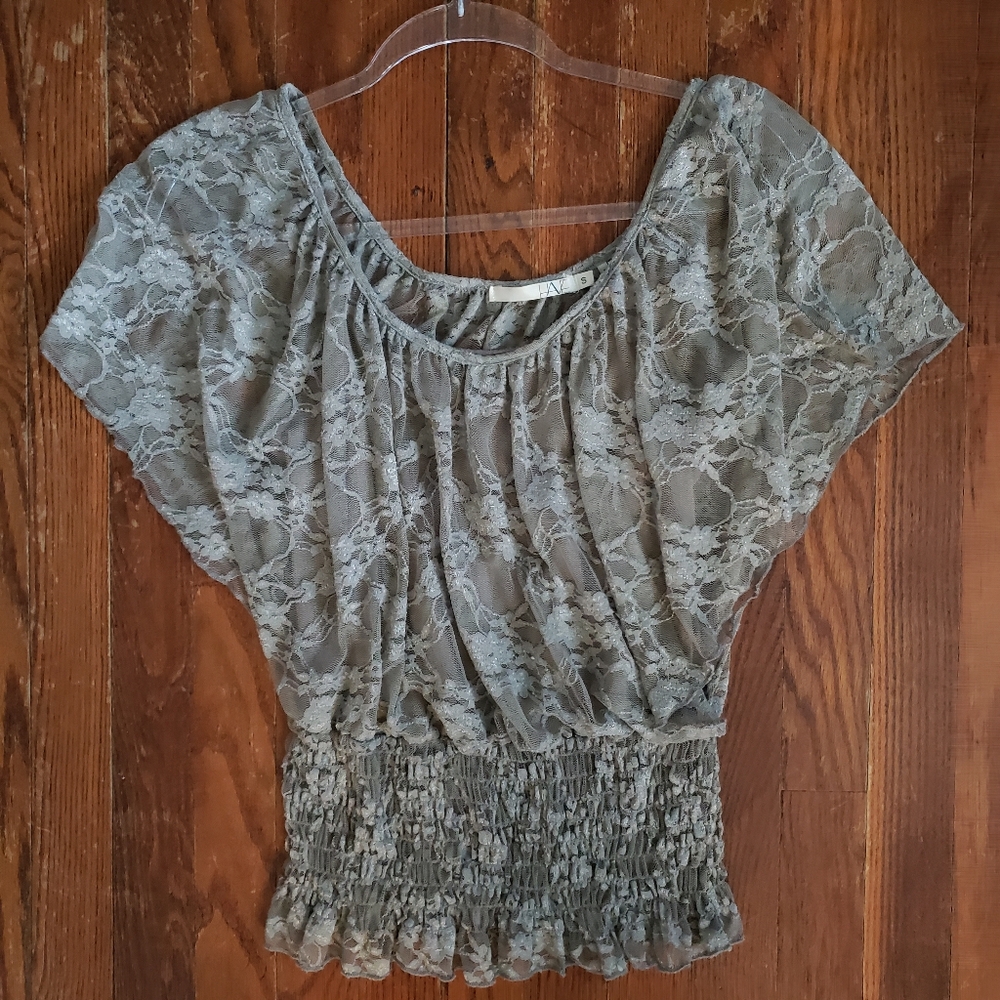 Have Lace Blouse Size Small Beige Floral Smocked Hem Flutter Sleeve Coquette
